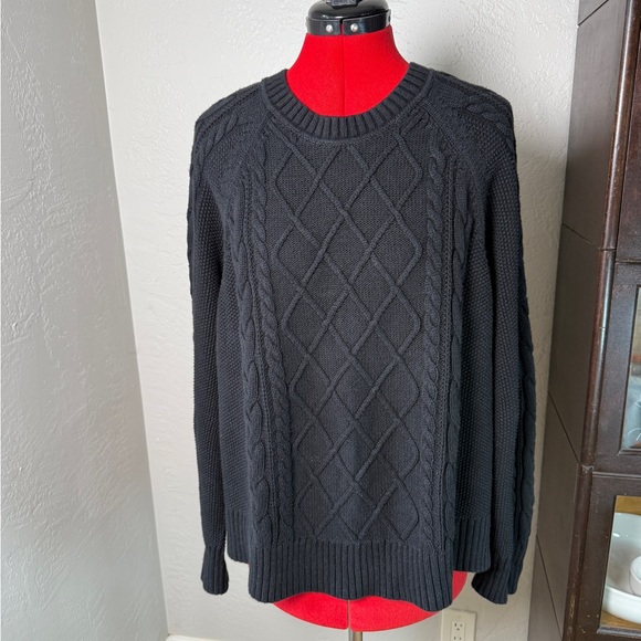 GAP Black Cable Knit 100% Cotton Crewneck Sweater XL Classic Fisherman Pullover - Picture 1 of 8